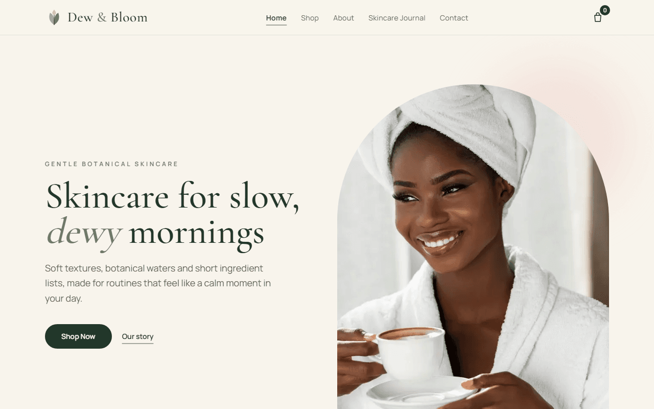 Home page of the Dew & Bloom concept site